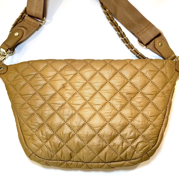 MZ Wallace Small Crosby Sling Bag In Caramel Tan Quilted Nylon W Gold Accents - Picture 3 of 13